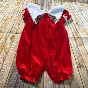 Vintage Little Precious Baby Girl 6-9 Months Red Plaid Velvet Christmas Romper